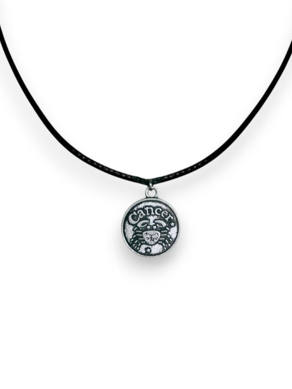 Cancer Silver Coin Pendant Zodiac Charms Black Cord Necklace Medallion